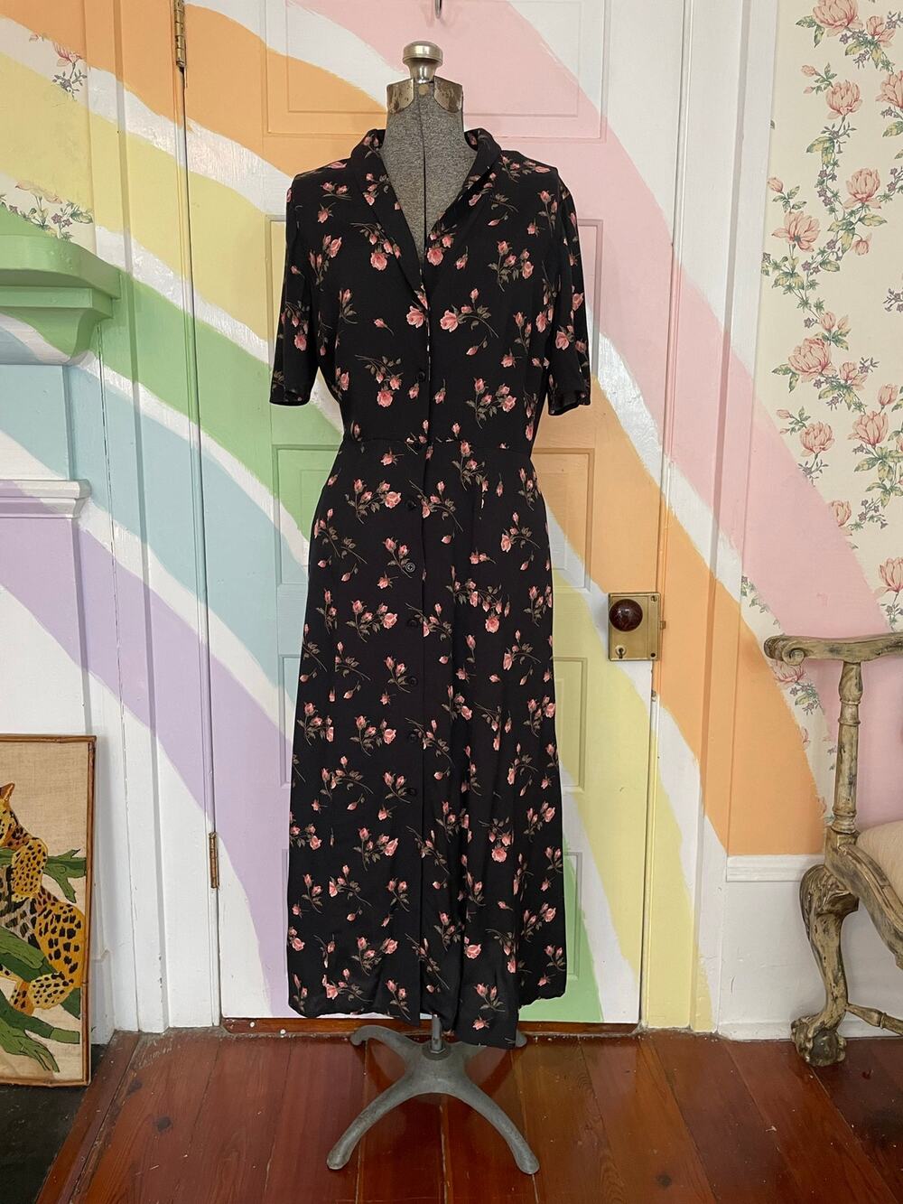 Reformation Locklin Venezia Floral Midi Shirt Dress Black Pink Size 8